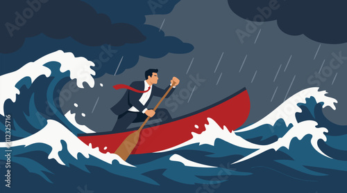 Ambitious businessman in navy suit paddling red canoe through crashing ocean waves under dark stormy sky, symbolizing perseverance, determination, and overcoming business challenges and adversity