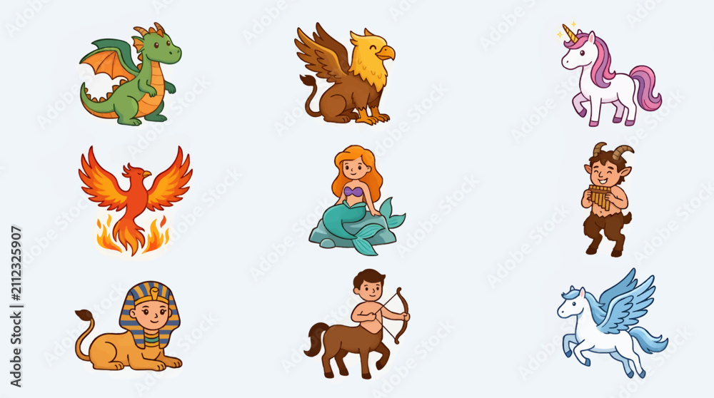 Obraz premium Whimsical Vector Icon Sheet of Cute Mythical Creatures, Including Dragon, Griffin, Unicorn, Phoenix, Mermaid, Satyr, Sphinx, Centaur, and Pegasus, Isolated on Light Background