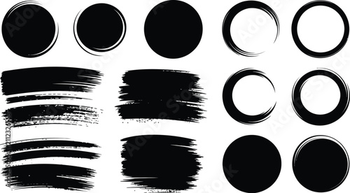 Canvastavla Abstract black ink brush collection displaying round circular frames textured stroke banners and painted elements for artistic design layouts