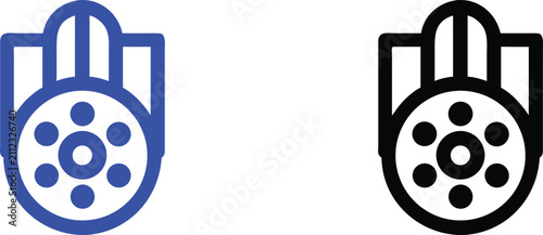 Foto Two identical icons of a device, one in blue outline, one in black outline, circular core with radiating elements