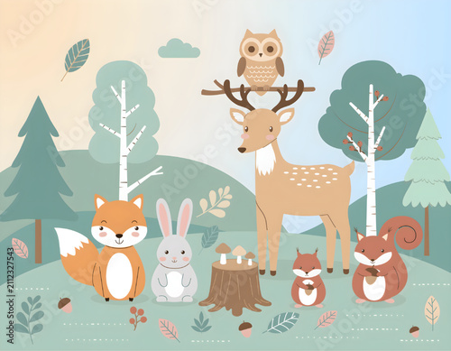 Cute Forest Animals Vector Illustration Featuring A Deer Owl Fox Rabbit And Squirrel In A Charming Woodland Setting