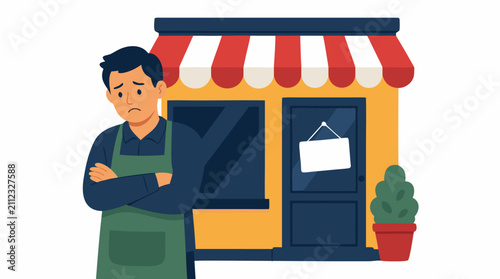 Dejected small-business owner with crossed arms standing before shuttered storefront with closed sign, bold flat design illustration symbolizing economic hardship and retail closure