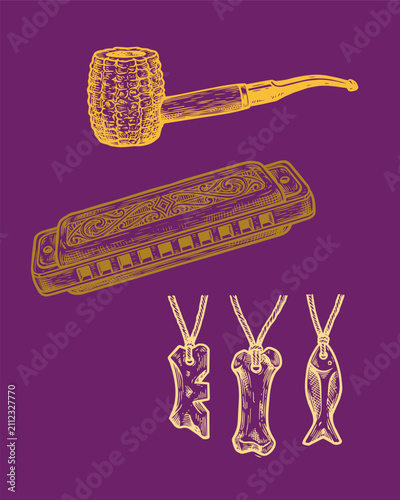 Quadro su tela frontier folk culture and traditional accessories, bone amulets, corncob pipe an