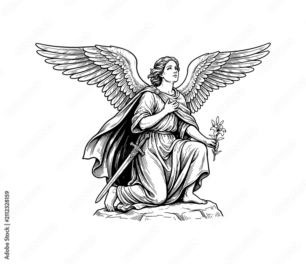 Obraz premium Serene Caucasian Angel Kneeling with Wings Holding a Lily and Sword Looking Upward with Devout Expression