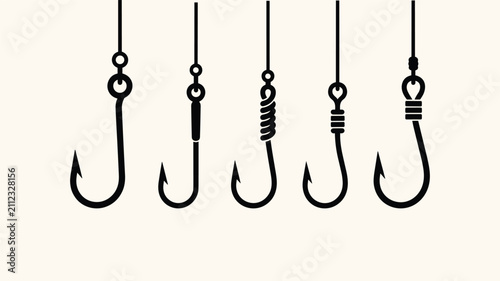 Bild auf Leinwand Fishing hook collection vector icons with different knots and shank styles for professional angling and fishing design