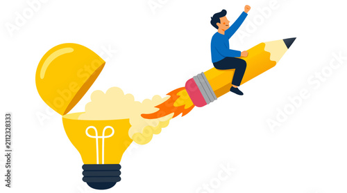Entrepreneur riding yellow pencil rocket blasting from glowing lightbulb, innovation and creative startup success concept illustration