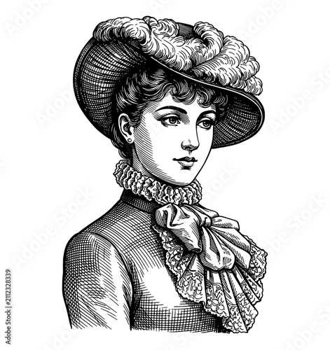 Vintage portrait of a beautiful Caucasian woman wearing an elaborate feathered hat and ruffled collar elegant serene expression