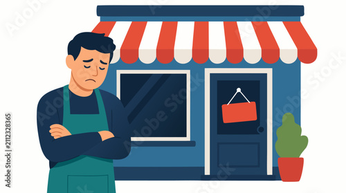 Dejected small business owner in green apron standing before shuttered storefront with closed sign, bold flat vector illustration of retail failure and economic hardship
