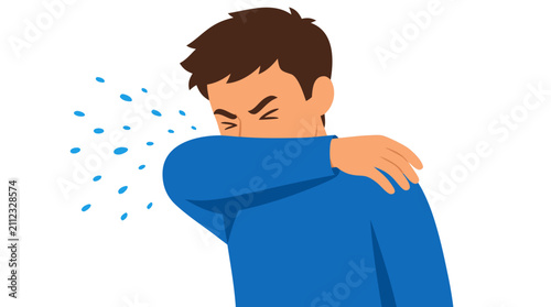 Man sneezing into elbow with blue respiratory droplets dispersing, proper hygiene and illness prevention concept illustration