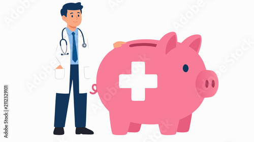 Vector illustration of a professional male doctor in a white lab coat standing next to a large pink piggy bank featuring a white medical cross symbol, representing healthcare savings and medical