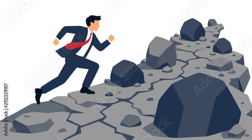 A determined businessman running forward on a dangerous cracked rocky path filled with large boulders and difficult obstacles representing challenge, career growth, and overcoming adversity in flat