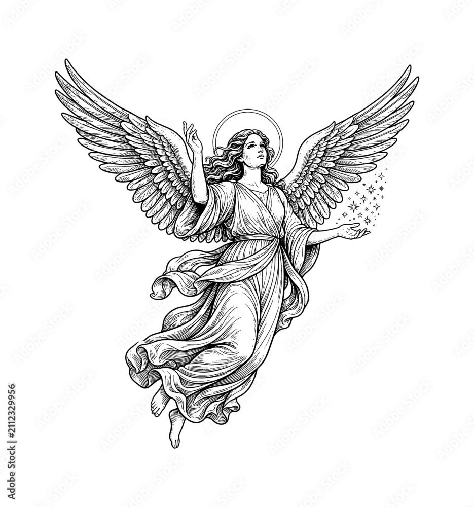 Obraz premium Graceful Angel Woman Flying Serene with Sparkling Stars and Halo in Vintage Line Art Drawing Style