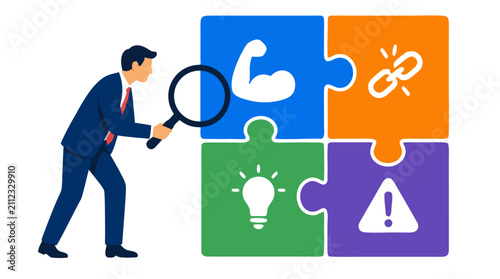 Businessman analyzing SWOT puzzle pieces with magnifying glass for strategic business assessment and competitive advantage evaluation