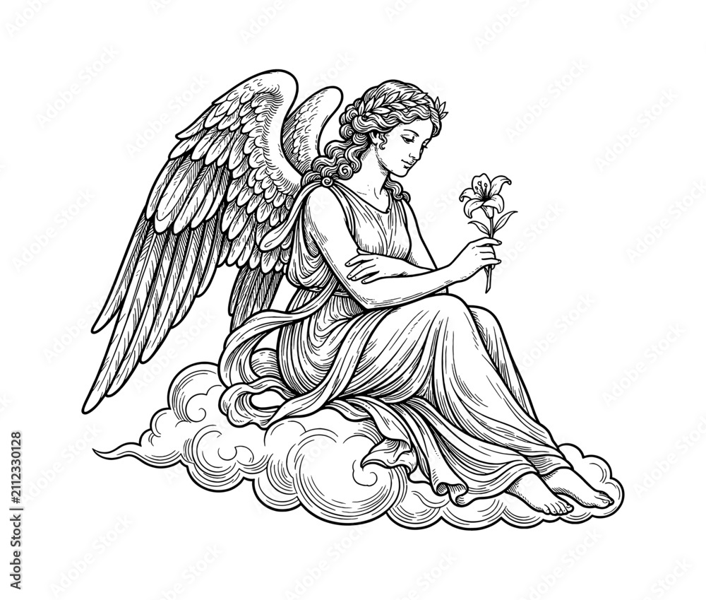 Obraz premium Beautiful Angelic Woman Sitting Gracefully on Clouds Holding a Lily Flower with Large Wings Serene and Peaceful Expression Wearing a Wreath