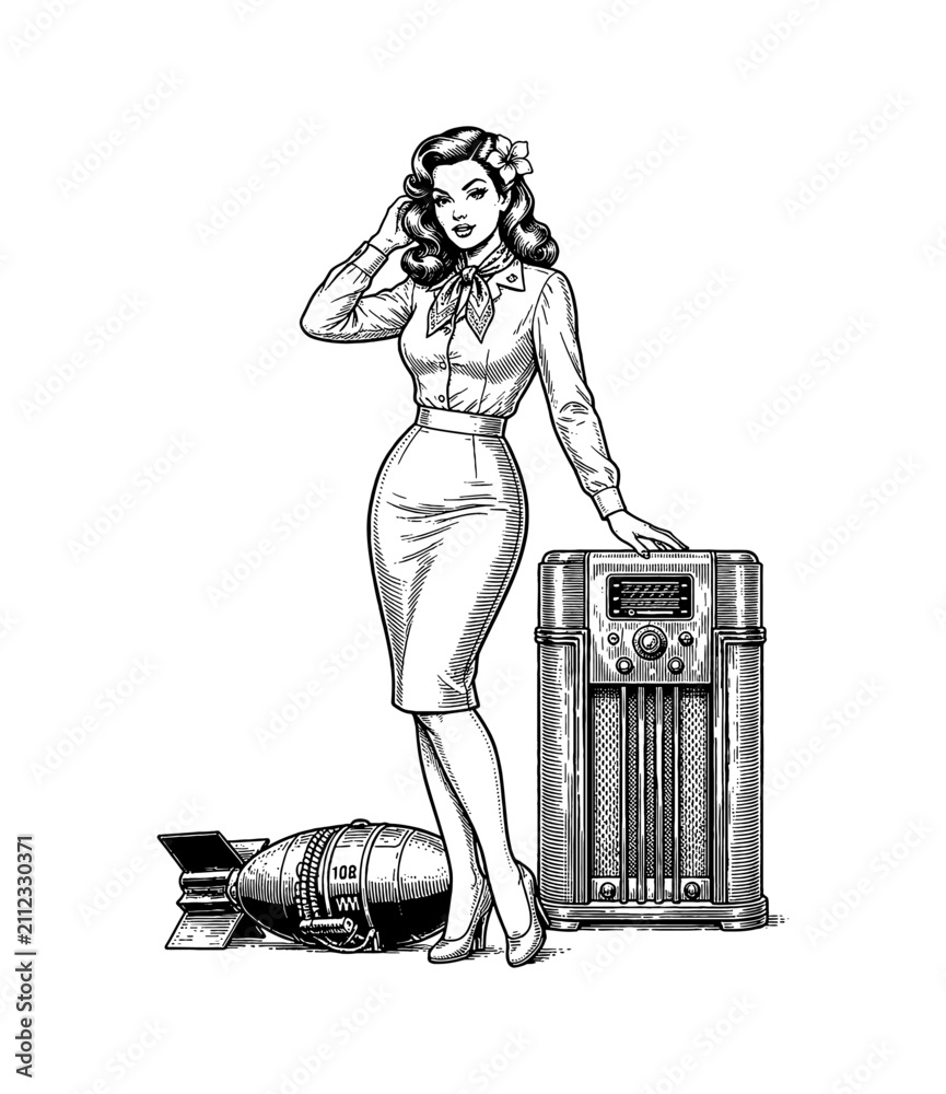 Obraz premium Beautiful Caucasian pinup woman posing confidently by a vintage radio with a bomb on the ground engrave