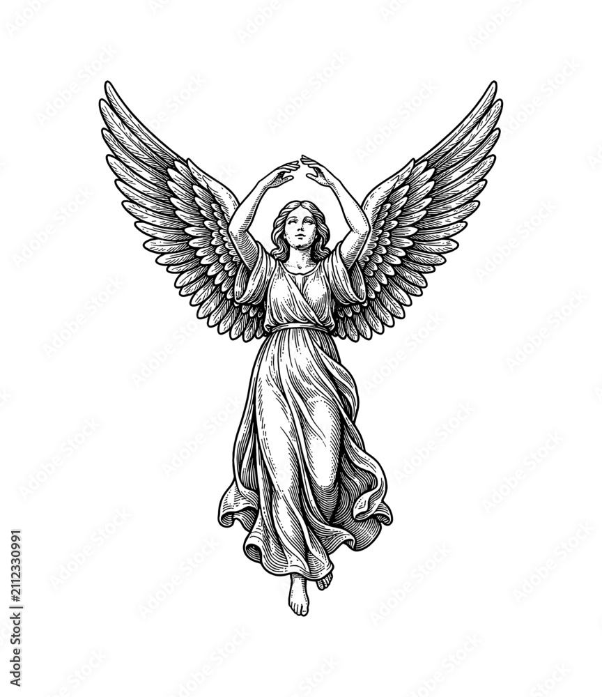 Obraz premium Elegant Angelic Woman with Spread Wings and Flowing Gown Raising Arms Upwards in a Serene Pose
