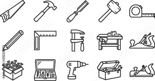 Set of hand drawn carpentry and construction tools icons for woodworking projects and home renovation design elements
