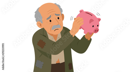 Distressed elderly man in tattered clothing shaking empty pink piggybank with worried expression, financial hardship and poverty concept illustration