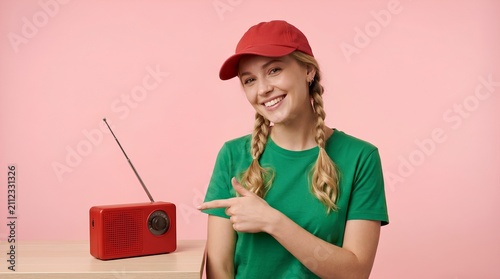 Cheerful young woman with blonde braids wearing a red baseball cap and green t-shirt pointing at a vintage red radio on a wooden table against a soft pink background, studio portrait, lifestyle