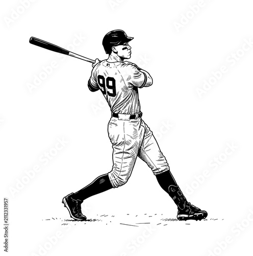Male baseball player swinging bat with power and focus on the field in a striking black and white line art illustration
