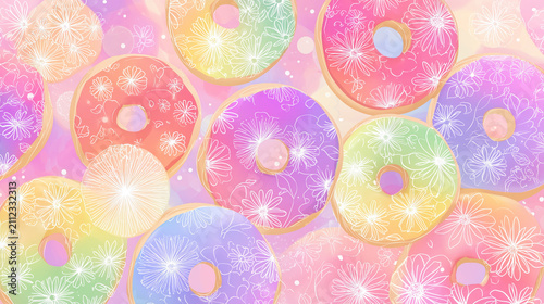Fototapeta パステルレインボー模様のファンシードーナツ背景 / Pastel Rainbow Pattern Fancy Doughnuts Background