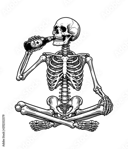 Skeleton drinking beer from a bottle while sitting relaxed cross legged in black and white illustration