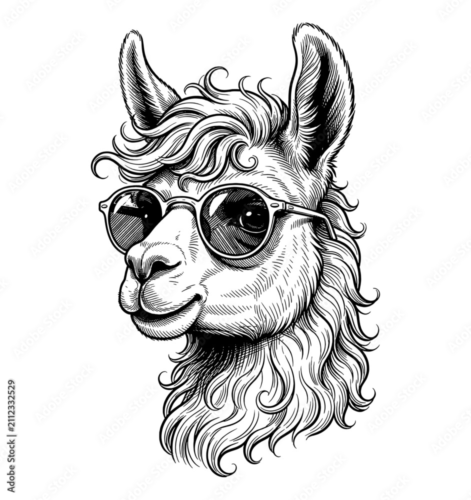Fototapeta premium Llama wearing cool sunglasses with a friendly smiling expression in detailed black and white line art drawing