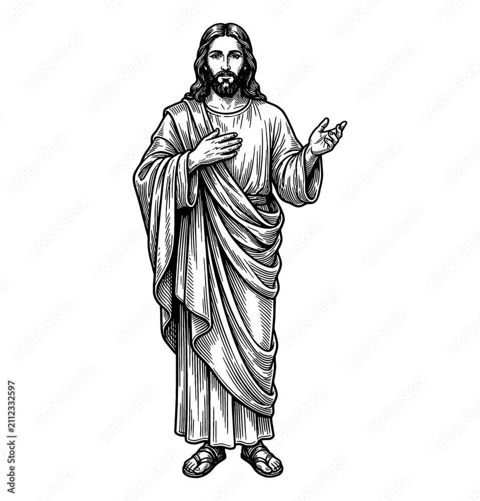 Fototapeta premium Jesus Christ standing calmly with long hair and beard gesturing with open hand in black and white line art illustration