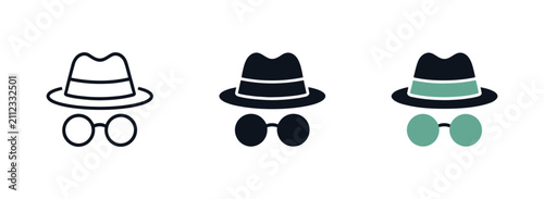 Obraz na płótnie Incognito hat and glasses icons with private browsing, anonymous user, online pr