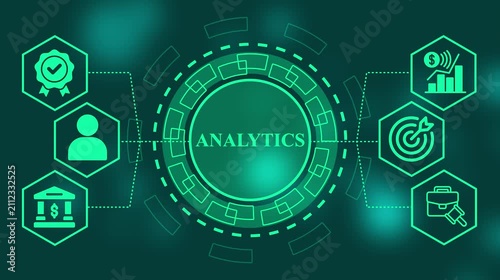 Futuristic business interface animation with circular hub and connected icons Connecting Data, Insights & Success Unlocking Business Intelligence