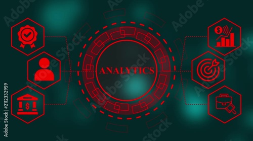 Futuristic business interface red animation with circular hub and connected icons. Powering Data-Driven Decisions Insight Beyond Data