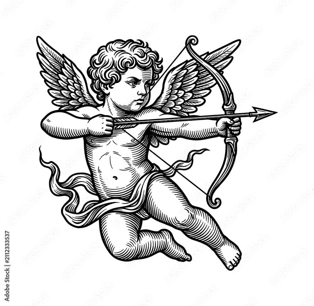 Obraz premium Flying Cupid aiming bow and arrow with focused serious expression in detailed vintage line art engraving