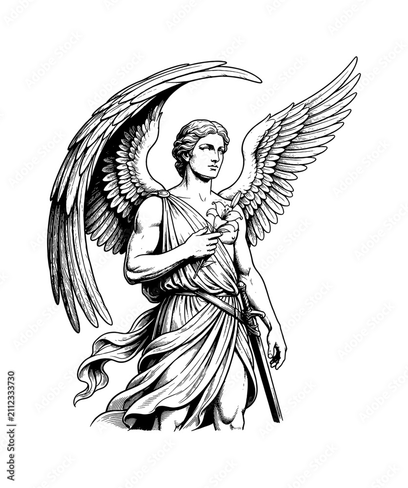 Obraz premium Noble European Male Angel Standing Holding a White Lily and Sword with Calm Expression in Detailed Line Art