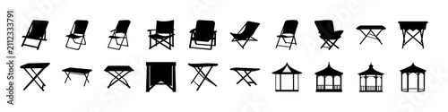 Flat pack folding chairs icon set illustration - Minimalist set of flat pack folding chairs in various styles for modern icon design and web use.