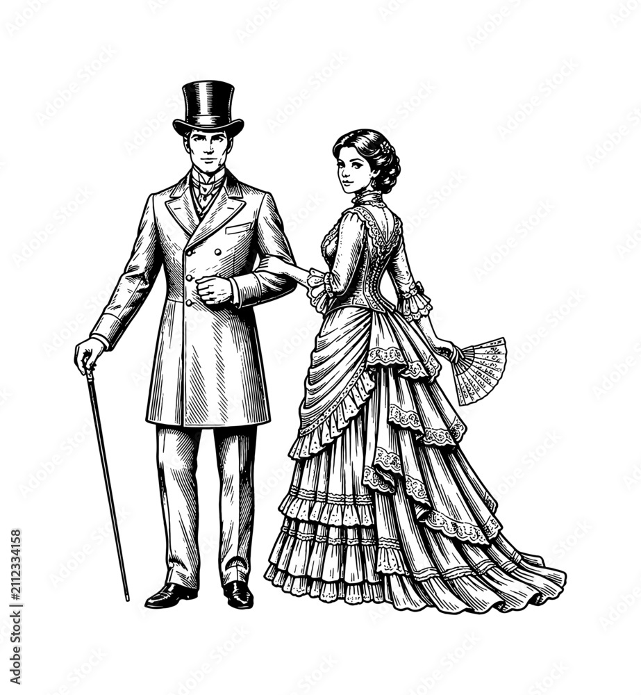 Obraz premium Victorian Era Elegant Caucasian Couple Formal Attire Posing Calmly Classic Black White Engraving Style