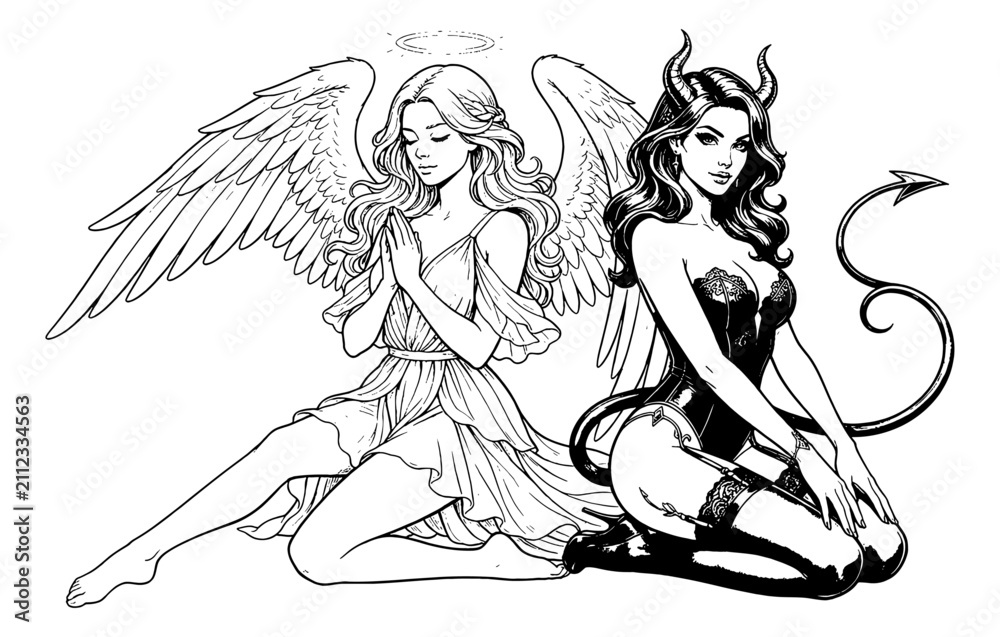 Obraz premium Serene Caucasian Angel Woman Kneeling in Prayer Next to a Seductive Devil Woman Pinup Pose Line Art