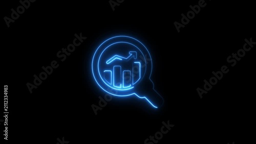 Glowing neon magnifying search icon on glowing neon business graphs and financial growth and profit through data analysis and graph sign animation