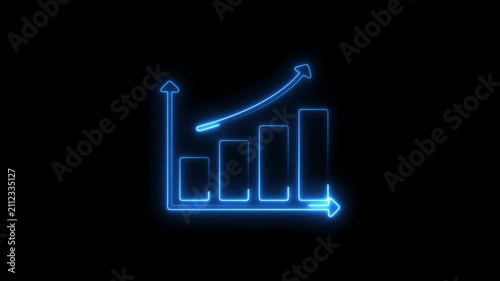Neon business graph chart icon animation background. Neon business growth and up arrow icon  concept. Glowing neon business graph chart icon animation background.