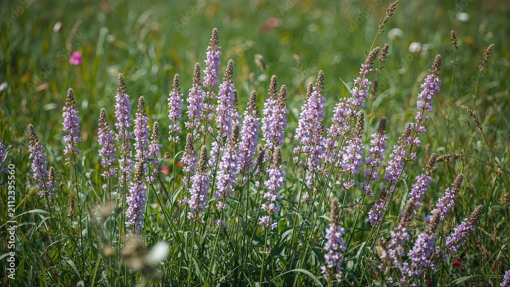 Obraz premium A field of purple and white flowers growing among green grass and wildflowers in a natural outdoor setting.