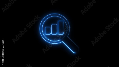 Glowing neon magnifying search icon on glowing neon business graphs and financial growth and profit through data analysis and graph sign animation.