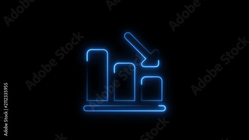 Abstract glowing neon business graph growth arrow down arrow. neon arrow business graph icon animation. Growing market trend concept. on a black background.4k motion video