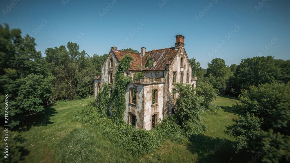 Fototapeta premium Abandoned house overgrown with greenery surrounded by trees and grass under a clear blue sky.