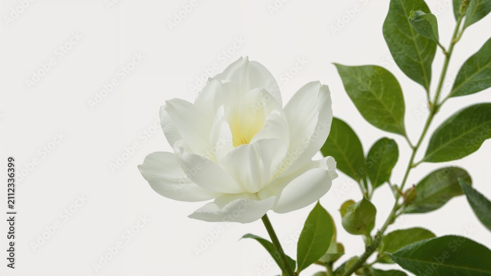 Obraz premium White gardenia flower with green leaves.