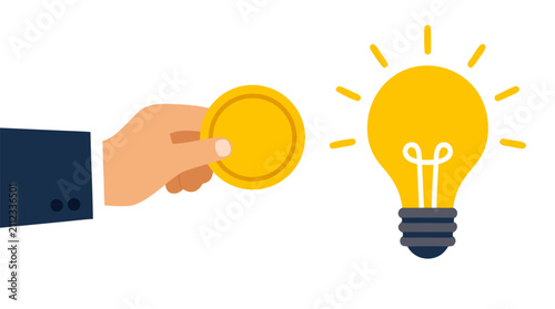 Businessman hand offering gold coin toward glowing lightbulb idea investment startup funding innovation concept vector illustration