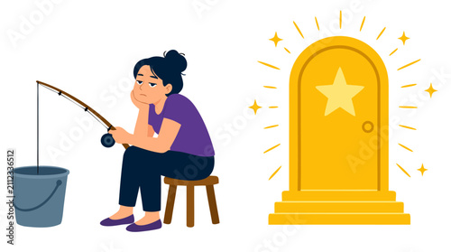 A bored woman sits on a stool, fishing into an empty bucket, completely ignoring a brightly glowing golden door with a star, symbolizing missed opportunities, lack of motivation, or choosing a