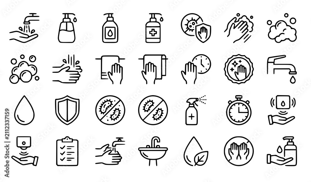 Fototapeta premium Hand Wash Hygiene Outline Icon Set for Graphic Design, Web UI and Healthcare Vector Collection