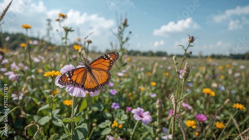 A butterfly perched on a flower in a field of colorful wildflowers under a partly cloudy sky. Nature and wildlife scene on a sunny day.