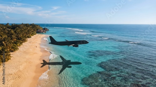 鮮やかな海辺の上空を飛行する飛行機とその美しい影
