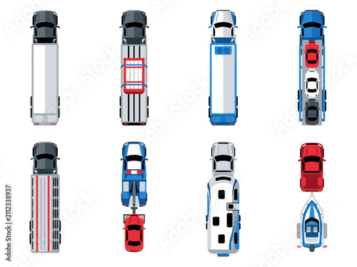 Top down view set of various cargo trucks, trailers, transport vehicles, logistics and shipping elements for city map games
