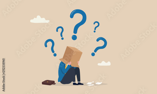 Business failure, work mistake or misfortune and unlucky, bankruptcy or fail entrepreneur concept, depressed businessman sitting covered his head with box, shameful cannot face people or society